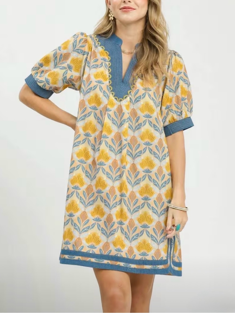 Umgee Yellow & Blue Floral V-Neck Shift Dress